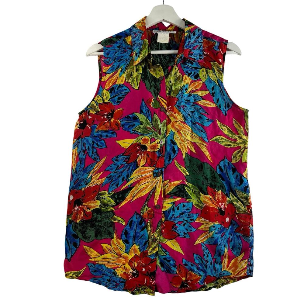 TRIBES Medium M Silk Top Button Up Shirt Floral Sleeveless Resort Cruise 90s